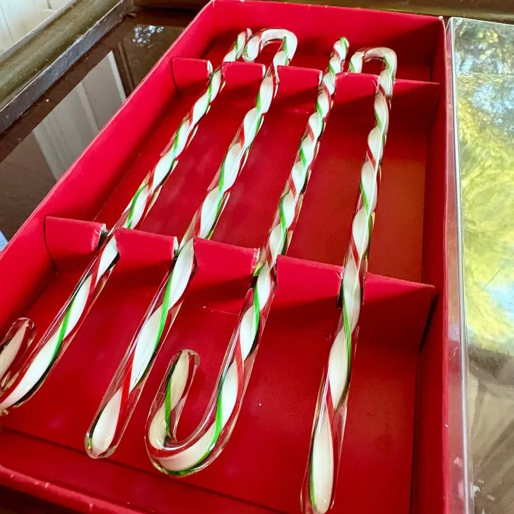 Vintage Pier 1 Glass Candy Cane Swizzle Sticks Set of 4 Christmas Stirrers